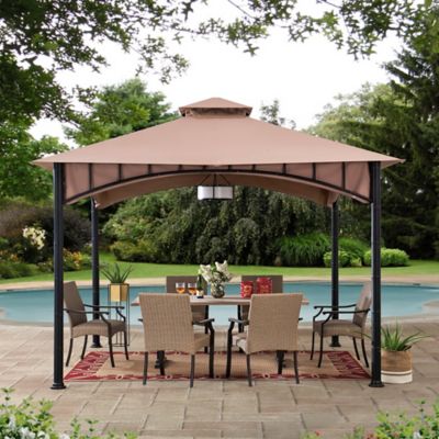 Image showing  11 ft. x 11 ft. Outdoor Patio Black Bamboo Shape Steel Frame 2-Tier Soft Top Gazebo with Beige Canopy for Garden