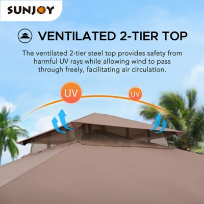 Image showing  11 ft. x 11 ft. Outdoor Patio Black Bamboo Shape Steel Frame 2-Tier Soft Top Gazebo with Beige Canopy for Garden