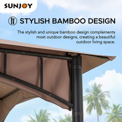 Image showing 5 th Sunjoy 11 ft. x 11 ft. Outdoor Patio Black Bamboo Shape Steel Frame 2-Tier Soft Top Gazebo with Beige Canopy for Garden