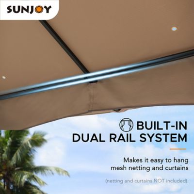 Image showing 6 th Sunjoy 11 ft. x 11 ft. Outdoor Patio Black Bamboo Shape Steel Frame 2-Tier Soft Top Gazebo with Beige Canopy for Garden