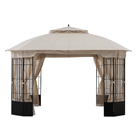 Sunjoy 11 ft. x 13 ft. 2-Tier Soft Top Octagon Gazebo with Beige Canopy and Mosquito Netting for Backyard Activities