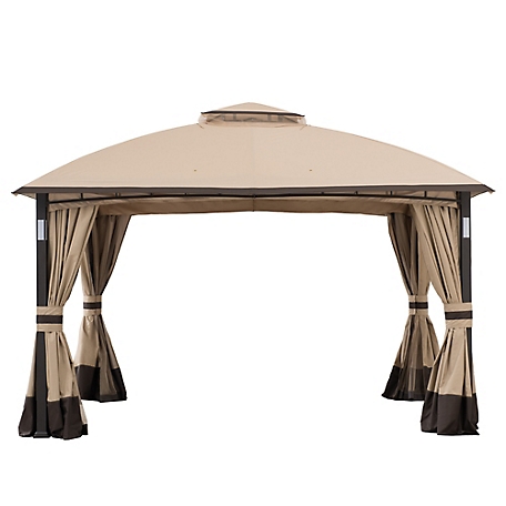 Sunjoy 11 ft. x 13 ft. Gazebo with LED Lighting and Bluetooth Sound, Tan/Brown