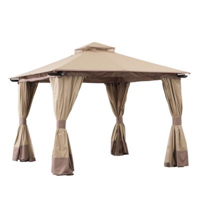Sunjoy 12 ft. x 12 ft. Tan 2-Tier Steel Soft Top Gazebo with Netting and Curtains