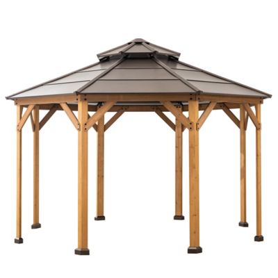 Sunjoy 13 ft. x 13 ft. Allentown Collection Cedar Framed Octagon Wood Gazebo with Steel 2-Tier Hardtop Roof, Black