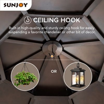 Image showing 5 th Sunjoy 13 ft. x 13 ft. Allentown Collection Cedar Framed Octagon Wood Gazebo with Steel 2-Tier Hardtop Roof, Black