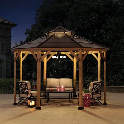 Image showing 8 th Sunjoy 13 ft. x 13 ft. Allentown Collection Cedar Framed Octagon Wood Gazebo with Steel 2-Tier Hardtop Roof, Black