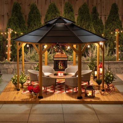 Image showing 9 th Sunjoy 13 ft. x 13 ft. Allentown Collection Cedar Framed Octagon Wood Gazebo with Steel 2-Tier Hardtop Roof, Black