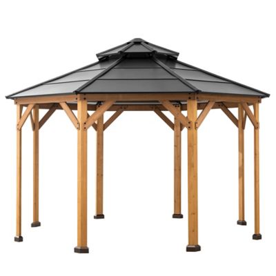 Sunjoy Allentown Collection 13 ft. x 13 ft. Cedar Framed Octagon Wood Gazebo with Steel 2-Tier Hardtop Roof, Black Stunning & Sturdy Gazebo!