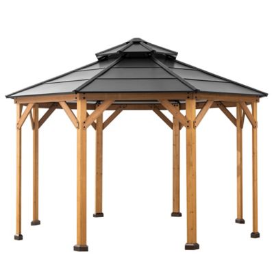 Sunjoy 13 ft. x 13 ft. Allentown Collection Cedar Framed Octagon Wood Gazebo with Steel 2-Tier Hardtop Roof, Black