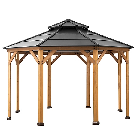 Sunjoy Allentown Collection 13 ft. x 13 ft. Cedar Framed Octagon Wood Gazebo with Steel 2-Tier Hardtop Roof, Black