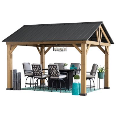 Sunjoy 11 ft. x 13 ft. Helena Collection Outdoor Patio Premium Cedar Wood Frame Gazebo, Matte Black Steel Gable Hardtop Roof