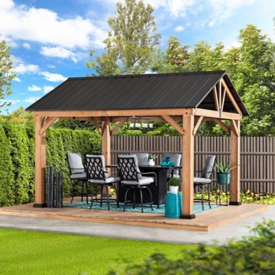 Image showing  11 ft. x 13 ft. Helena Collection Outdoor Patio Premium Cedar Wood Frame Gazebo, Matte Black Steel Gable Hardtop Roof