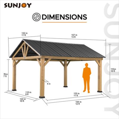 Image showing 6 th Sunjoy 11 ft. x 13 ft. Helena Collection Outdoor Patio Premium Cedar Wood Frame Gazebo, Matte Black Steel Gable Hardtop Roof