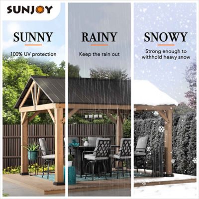 Image showing 7 th Sunjoy 11 ft. x 13 ft. Helena Collection Outdoor Patio Premium Cedar Wood Frame Gazebo, Matte Black Steel Gable Hardtop Roof