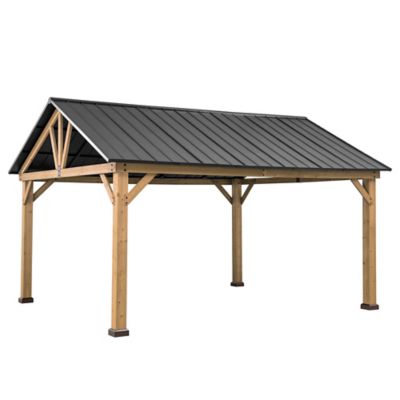 Sunjoy 13 ft. x 15 ft. Outdoor Patio Hardtop Gazebo, Wooden Frame Metal Gazebo with Steel Gable Roof
