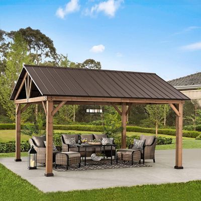 Image showing  13 ft. x 15 ft. Outdoor Patio Hardtop Gazebo, Wooden Frame Metal Gazebo with Steel Gable Roof