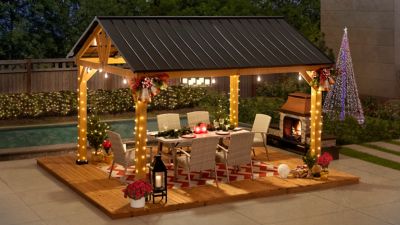 Image showing 9 th Sunjoy 13 ft. x 15 ft. Outdoor Patio Hardtop Gazebo, Wooden Frame Metal Gazebo with Steel Gable Roof
