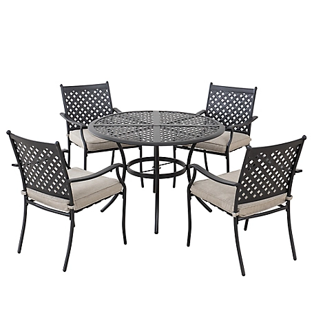 Sunjoy 5-Piece Patio Dining Set White Steel Outdoor Dining Sets with Seat Cushions and Umbrella Hole