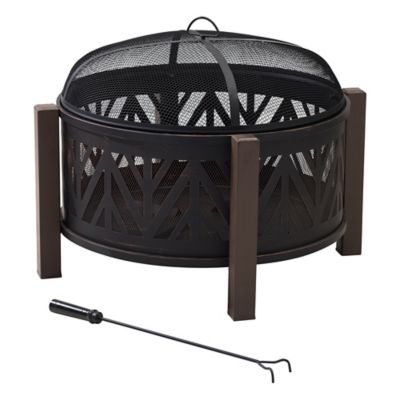 Sunjoy 27 in. Fire Pit for Outside, Outdoor Steel Wood Burning Fire Pits with Mesh Spark Screen and Fire Poker