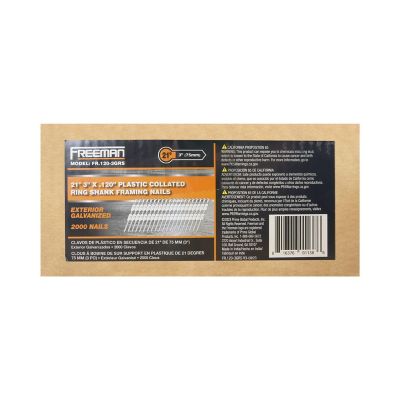 Image showing 6 th Freeman 0.120 x 3in. 8 ga. 21 Degree Plastic Collated Galvanized Ring Shank Full Round Head Framing Nails, 2,000 ct.