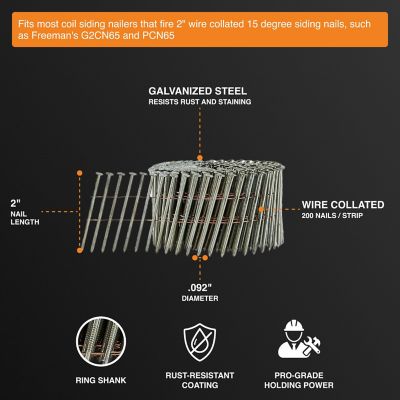 Image showing  15 deg. .092 x 2in. Wire Collated Galvanized Ring Shank Coil Siding Nails, 3600 ct.