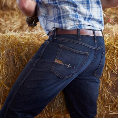 Image showing 5 th Ariat Men's Stretch Fit Low-Rise Rebar M5 Slim DuraStretch Edge Stackable Straight Leg Jeans, Dark Blue