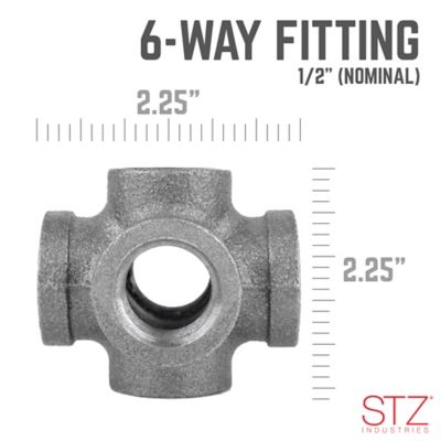 Image showing  1/2 in. x 2-1/4 in. 6-Way Cross Double Outlet Pipe Decor Industrial Steel, Grey