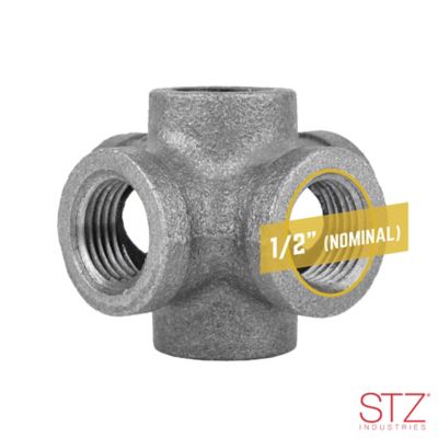 Image showing  1/2 in. x 2-1/4 in. 6-Way Cross Double Outlet Pipe Decor Industrial Steel, Grey