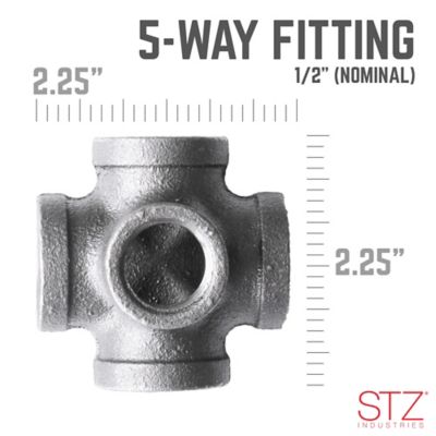Image showing  1/2 in. x 2-1/4 in. 5-Way Cross Side Outlet Pipe Decor Industrial Steel, Grey