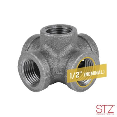 Image showing  1/2 in. x 2-1/4 in. 5-Way Cross Side Outlet Pipe Decor Industrial Steel, Grey