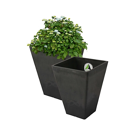 Algreen Stone Valencia 2 Square Planters with Watering Trays, 10 in. x 13 in., Black, 2 pk.