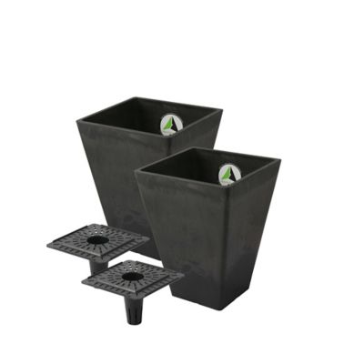 Image showing  Stone Valencia 2 Square Planters with Watering Trays, 10 in. x 13 in., Black, 2 pk.