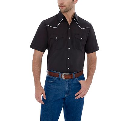 Ely Cattleman Short-Sleeve Snap-Front Solid Shirt with Contrast Piping