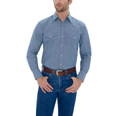 Ely Cattleman Men's Long-Sleeve Snap-Front Chambray Work Shirt Cowboy loves the Ely Cattlemen snap work shirt