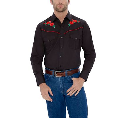 Ely Cattleman Men's Long-Sleeve Snap-Front Rose Embroidery Western Shirt