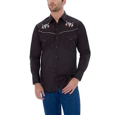 Ely Cattleman Long-Sleeve Snap-Front Skull Embroidery Western Shirt