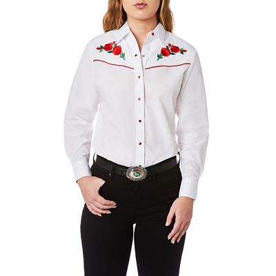Ely Cattleman Women's Rose Embroidery Western Long-Sleeve Snap-Front Shirt