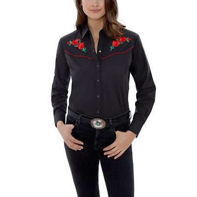 Ely Cattleman Women's Rose Embroidery Western Long-Sleeve Snap-Front Shirt