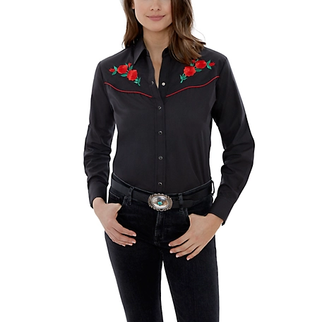 Ely Cattleman Women's Long-Sleeve Snap-Front Rose Embroidery Western Shirt