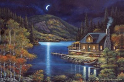 River's Edge Products 24 in. x 16 in. Moonlit Cabin LED Art