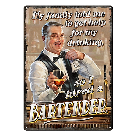 River's Edge Products 12 in. x 17 in. Hired Bartender Tin Sign