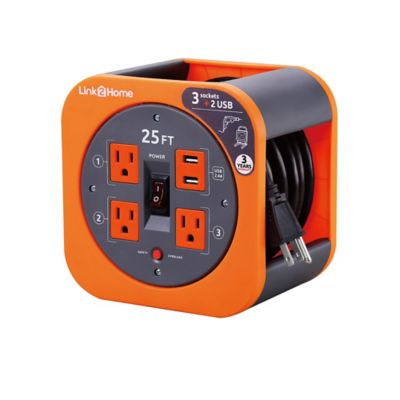 Link2Home 25 ft. Indoor Extension Cord Reel with 3 Power Outlets, 2 USB Ports, 2.4A Fast Charge, 16 AWG SJT Cable