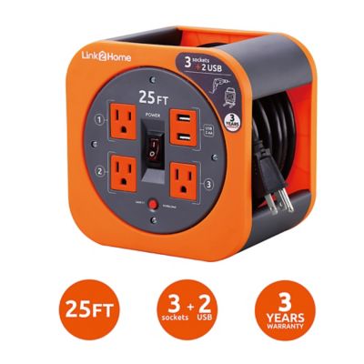 Image showing  25 ft. Indoor Extension Cord Reel, 3 Outlets/2 Ports, 2.4A Fast Charge, 16 AWG SJT Cable