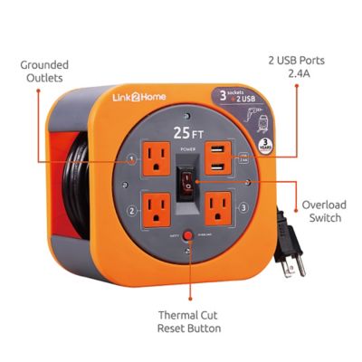 Image showing  25 ft. Indoor Extension Cord Reel, 3 Outlets/2 Ports, 2.4A Fast Charge, 16 AWG SJT Cable