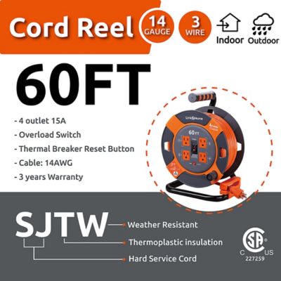 Image showing  60 ft. Indoor/Outdoor Heavy-Duty High-Visibility Extension Power Cord Reel, 4 Outlets, 14 AWG SJTW