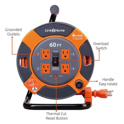 Image showing  60 ft. Indoor/Outdoor Heavy-Duty High-Visibility Extension Power Cord Reel, 4 Outlets, 14 AWG SJTW