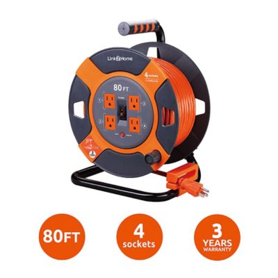 Image showing  80 ft. Indoor/Outdoor Heavy-Duty High-Visibility Extension Power Cord Reel, 4 Outlets, 14 AWG SJTW