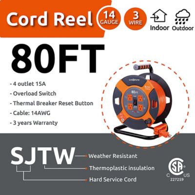 Image showing  80 ft. Indoor/Outdoor Heavy-Duty High-Visibility Extension Power Cord Reel, 4 Outlets, 14 AWG SJTW