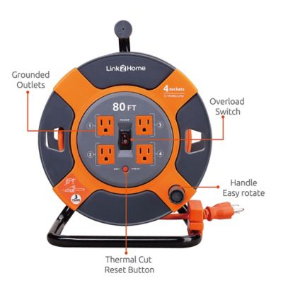 Image showing  80 ft. Indoor/Outdoor Heavy-Duty High-Visibility Extension Power Cord Reel, 4 Outlets, 14 AWG SJTW