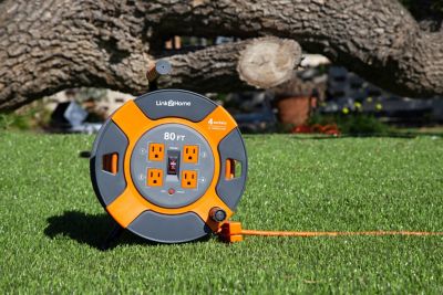 Image showing 7 th Link2Home 80 ft. Indoor/Outdoor Heavy-Duty High-Visibility Extension Power Cord Reel, 4 Outlets, 14 AWG SJTW